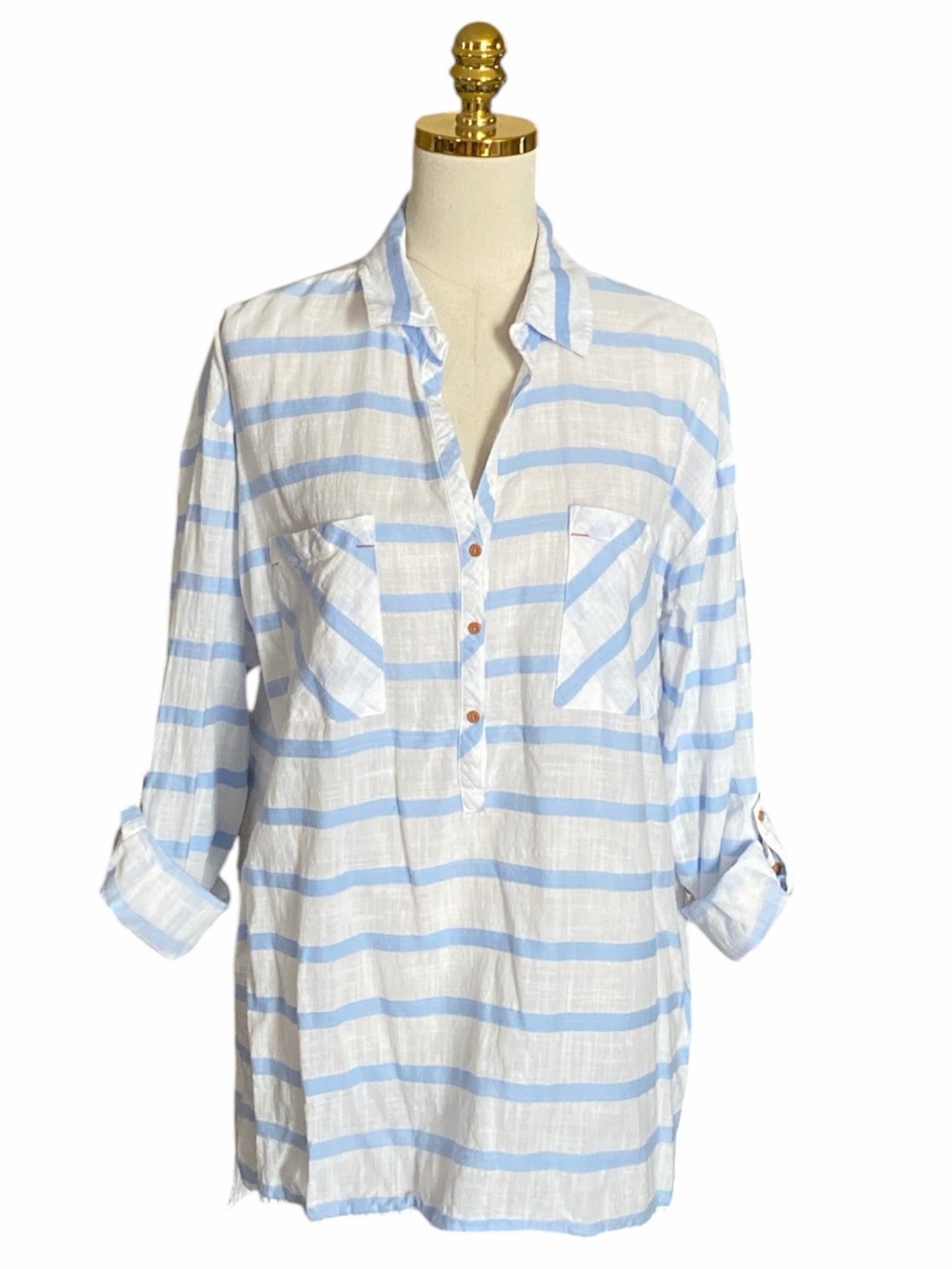 Tribal Blue White Striped Cotton Long Sleeve Roll Tab Sleeve Tunic Top Large